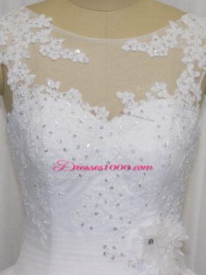 Super White Sleeveless Beading and Lace and Hand Made Flower Floor Length Wedding Dresses