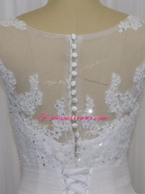 Super White Sleeveless Beading and Lace and Hand Made Flower Floor Length Wedding Dresses