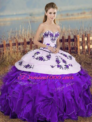 Floor Length White And Purple Vestidos de Quinceanera Organza Sleeveless Embroidery and Ruffles and Bowknot