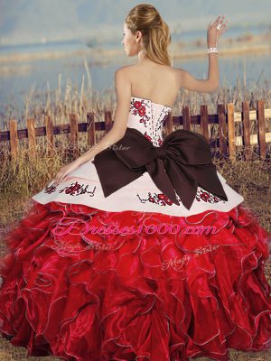 Floor Length White And Purple Vestidos de Quinceanera Organza Sleeveless Embroidery and Ruffles and Bowknot