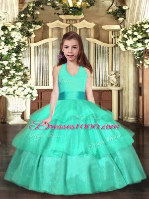 Turquoise Sleeveless Floor Length Ruffled Layers Lace Up Teens Party Dress