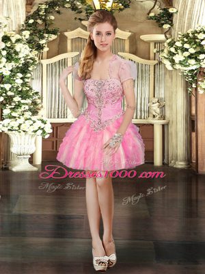 Strapless Sleeveless Organza Homecoming Gowns Beading and Lace and Ruffles Lace Up