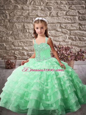 Modern Apple Green Lace Up Straps Beading and Ruffled Layers Pageant Gowns For Girls Organza Sleeveless Brush Train