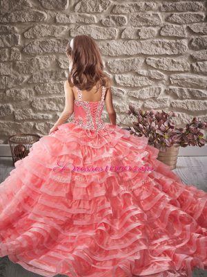 Modern Apple Green Lace Up Straps Beading and Ruffled Layers Pageant Gowns For Girls Organza Sleeveless Brush Train