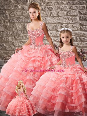Great Straps Sleeveless Quince Ball Gowns Court Train Beading and Ruffled Layers Watermelon Red Organza