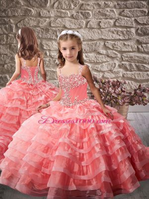 Great Straps Sleeveless Quince Ball Gowns Court Train Beading and Ruffled Layers Watermelon Red Organza