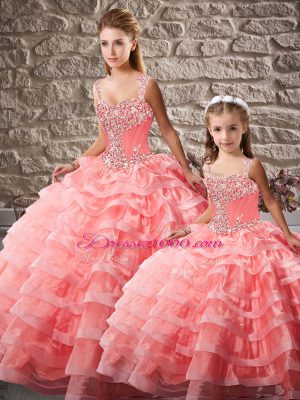 Great Straps Sleeveless Quince Ball Gowns Court Train Beading and Ruffled Layers Watermelon Red Organza