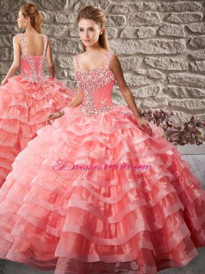 Great Straps Sleeveless Quince Ball Gowns Court Train Beading and Ruffled Layers Watermelon Red Organza