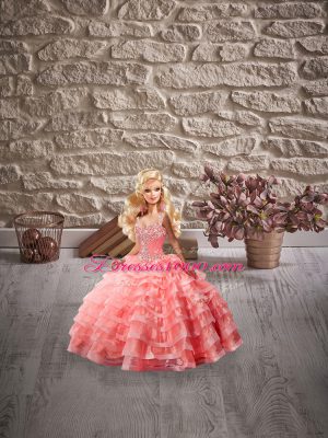 Great Straps Sleeveless Quince Ball Gowns Court Train Beading and Ruffled Layers Watermelon Red Organza