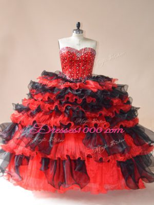 Latest Red And Black Sweet 16 Dresses Sweet 16 and Quinceanera with Beading and Ruffled Layers Sweetheart Sleeveless Lace Up