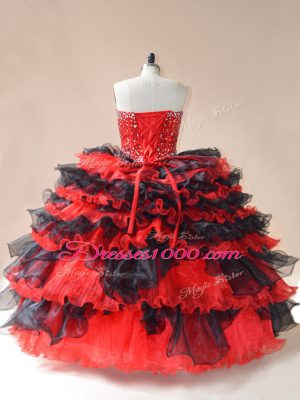 Latest Red And Black Sweet 16 Dresses Sweet 16 and Quinceanera with Beading and Ruffled Layers Sweetheart Sleeveless Lace Up