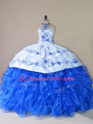 Halter Top Sleeveless Organza Vestidos de Quinceanera Embroidery and Ruffles Court Train Lace Up