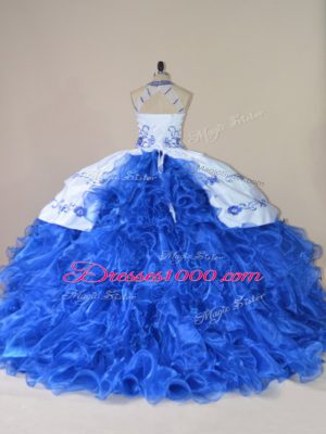 Halter Top Sleeveless Organza Vestidos de Quinceanera Embroidery and Ruffles Court Train Lace Up