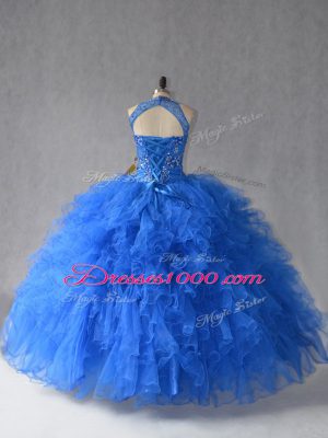 Custom Design Royal Blue Sleeveless Beading and Ruffles Floor Length 15th Birthday Dress