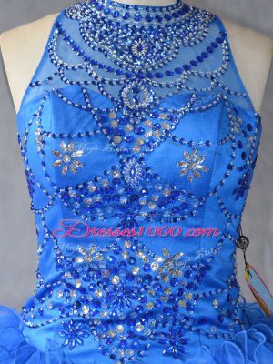 Custom Design Royal Blue Sleeveless Beading and Ruffles Floor Length 15th Birthday Dress