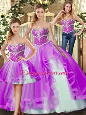 Custom Designed Lilac Ball Gowns Tulle Sweetheart Sleeveless Beading Floor Length Lace Up Quinceanera Gowns