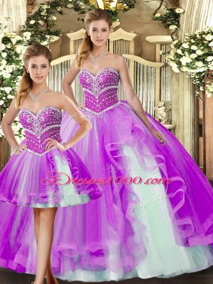 Custom Designed Lilac Ball Gowns Tulle Sweetheart Sleeveless Beading Floor Length Lace Up Quinceanera Gowns