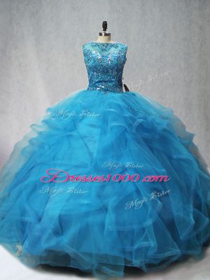 Aqua Blue Ball Gown Prom Dress Sweet 16 and Quinceanera with Beading and Ruffles Scoop Sleeveless Brush Train Lace Up