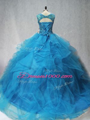 Aqua Blue Ball Gown Prom Dress Sweet 16 and Quinceanera with Beading and Ruffles Scoop Sleeveless Brush Train Lace Up