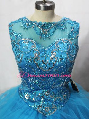 Aqua Blue Ball Gown Prom Dress Sweet 16 and Quinceanera with Beading and Ruffles Scoop Sleeveless Brush Train Lace Up