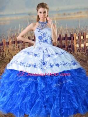 Delicate Halter Top Sleeveless Vestidos de Quinceanera Court Train Embroidery and Ruffles Royal Blue Organza