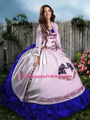 Perfect Satin Sweetheart Sleeveless Lace Up Embroidery and Ruffles Sweet 16 Dresses in Blue And White