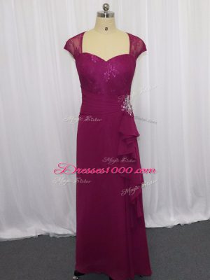 Fuchsia Cap Sleeves Chiffon Zipper Prom Evening Gown for Prom and Party and Military Ball