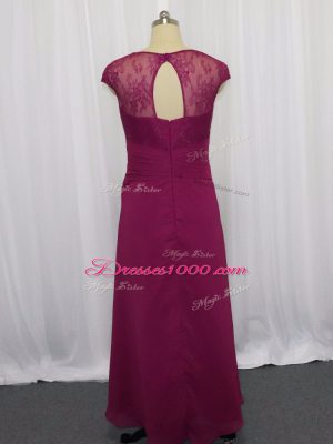 Fuchsia Cap Sleeves Chiffon Zipper Prom Evening Gown for Prom and Party and Military Ball