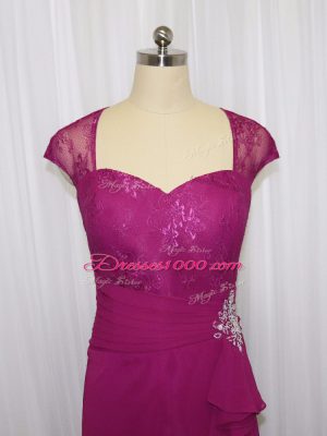 Fuchsia Cap Sleeves Chiffon Zipper Prom Evening Gown for Prom and Party and Military Ball