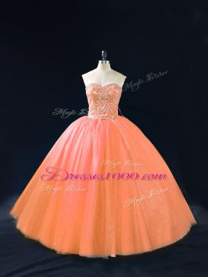 Excellent Beading Quinceanera Gown Peach Lace Up Sleeveless