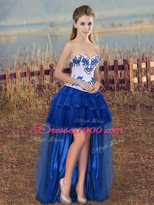 Fantastic Royal Blue Pageant Dresses Prom and Party with Embroidery and Ruffled Layers Sweetheart Sleeveless Lace Up