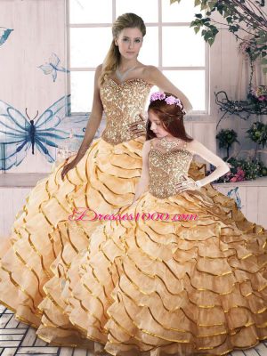 Organza Sweetheart Sleeveless Brush Train Lace Up Beading and Ruffled Layers Sweet 16 Quinceanera Dress in Champagne