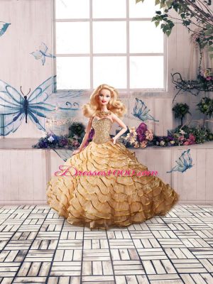 Organza Sweetheart Sleeveless Brush Train Lace Up Beading and Ruffled Layers Sweet 16 Quinceanera Dress in Champagne