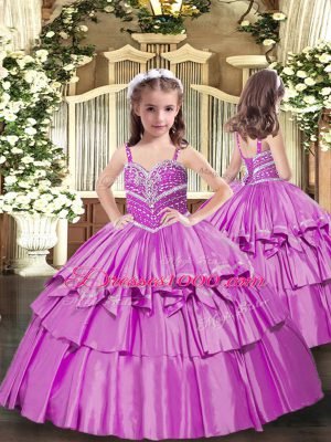 Hot Sale Lilac Taffeta Lace Up Little Girls Pageant Dress Wholesale Sleeveless Floor Length Beading