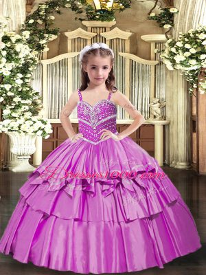 Hot Sale Lilac Taffeta Lace Up Little Girls Pageant Dress Wholesale Sleeveless Floor Length Beading