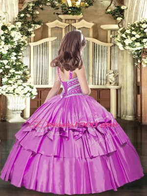 Hot Sale Lilac Taffeta Lace Up Little Girls Pageant Dress Wholesale Sleeveless Floor Length Beading