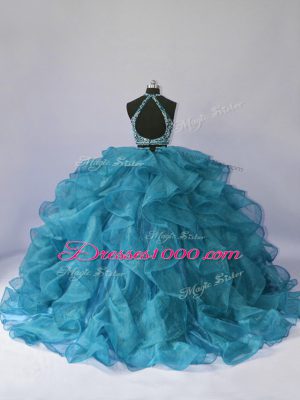 Suitable Teal Halter Top Neckline Beading and Ruffles Quinceanera Gowns Sleeveless Backless