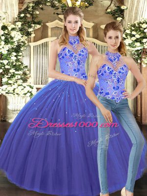 Dynamic Sleeveless Tulle Floor Length Lace Up Quince Ball Gowns in Blue with Embroidery
