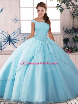 Low Price Ball Gowns Sleeveless Light Blue Sweet 16 Dresses Brush Train Lace Up