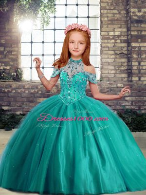 Charming Turquoise High-neck Lace Up Beading Custom Made Pageant Dress Sleeveless