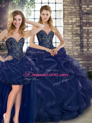 Sexy Tulle Sweetheart Sleeveless Lace Up Beading and Ruffles Sweet 16 Dresses in Navy Blue