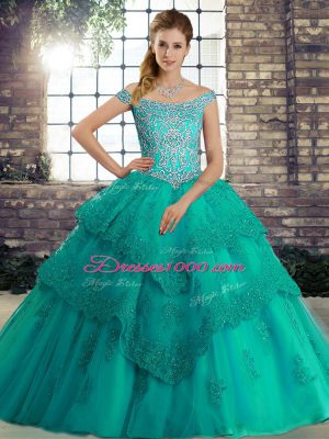 Colorful Off The Shoulder Sleeveless Tulle Sweet 16 Dresses Beading and Lace Brush Train Lace Up