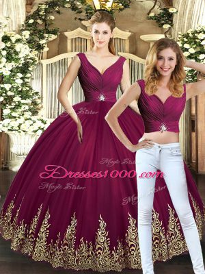 Suitable Burgundy Two Pieces Tulle V-neck Sleeveless Beading and Appliques Floor Length Backless Sweet 16 Dresses