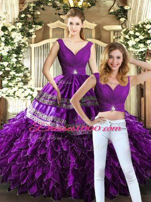 Modern Purple Sleeveless Floor Length Beading and Embroidery and Ruffles Backless Quinceanera Dress