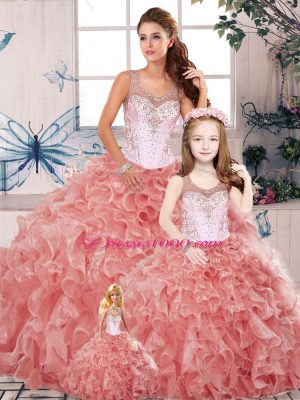 Sleeveless Organza Floor Length Clasp Handle Sweet 16 Dress in Watermelon Red with Beading and Ruffles