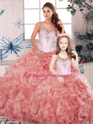 Sleeveless Organza Floor Length Clasp Handle Sweet 16 Dress in Watermelon Red with Beading and Ruffles