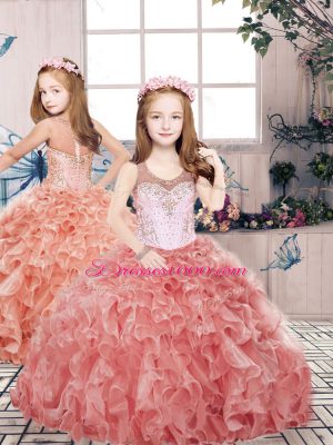 Sleeveless Organza Floor Length Clasp Handle Sweet 16 Dress in Watermelon Red with Beading and Ruffles