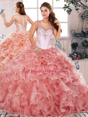 Sleeveless Organza Floor Length Clasp Handle Sweet 16 Dress in Watermelon Red with Beading and Ruffles