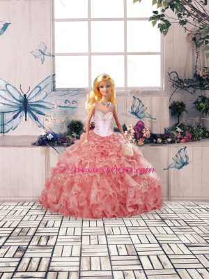 Sleeveless Organza Floor Length Clasp Handle Sweet 16 Dress in Watermelon Red with Beading and Ruffles