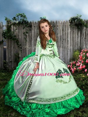 Latest White Ball Gowns Satin and Organza Straps Sleeveless Embroidery and Ruffles Lace Up Kids Pageant Dress Sweep Train